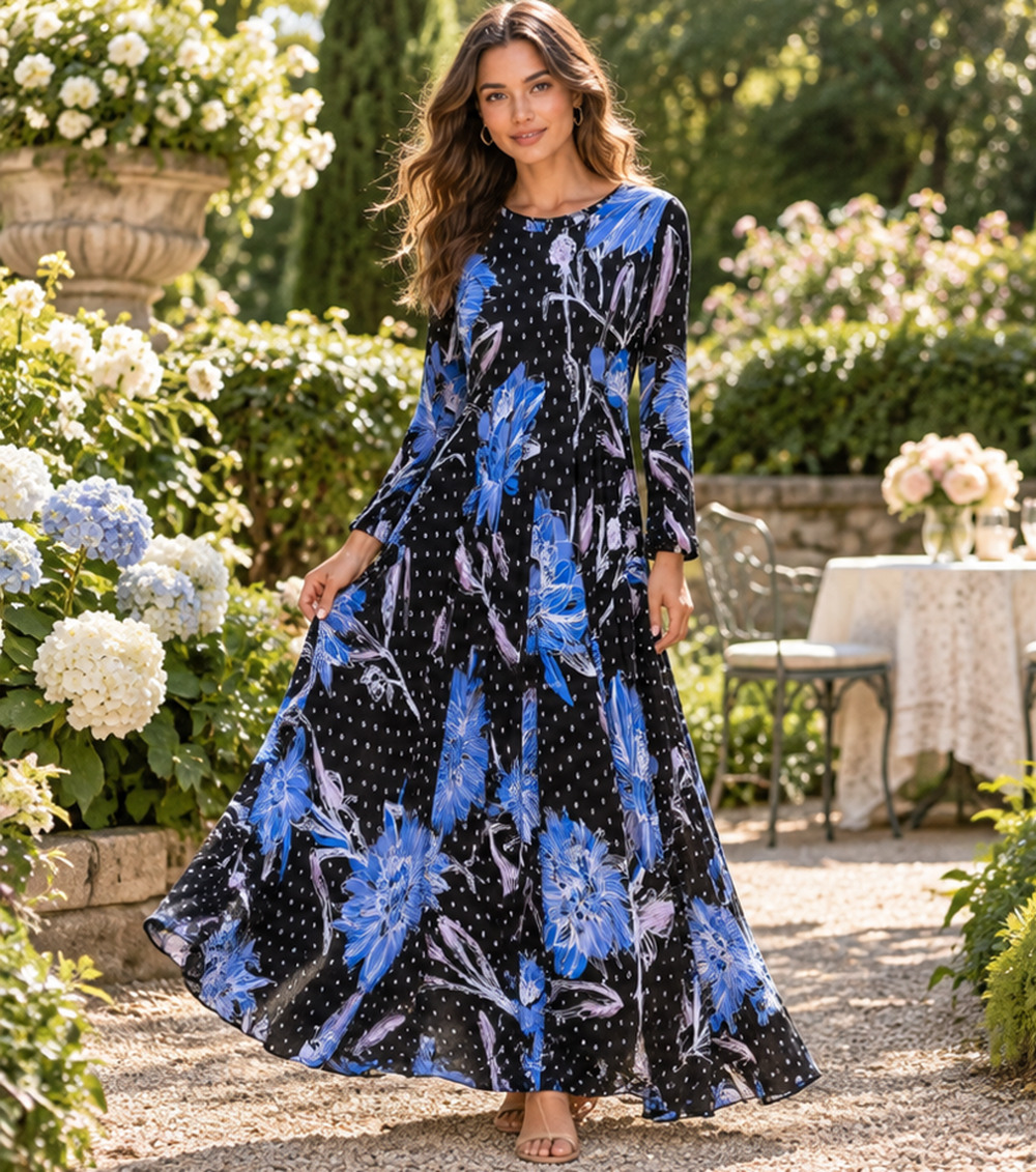 Free People First Kiss Printed Maxi Dress Botanical Night Sz S Long Seeve Boho
